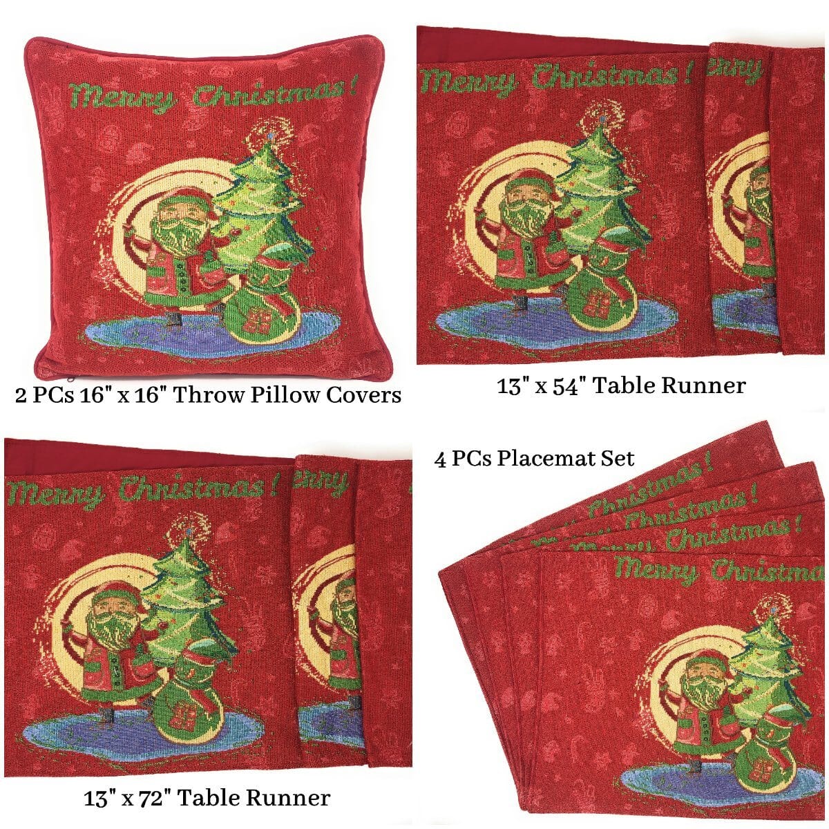 DaDa Bedding Set of 8 Pieces Red Santa Claus Holiday Table Tapestry - 4 Placemats, 2 Table Runners, 2 Throw Pillow Covers (17615)-0