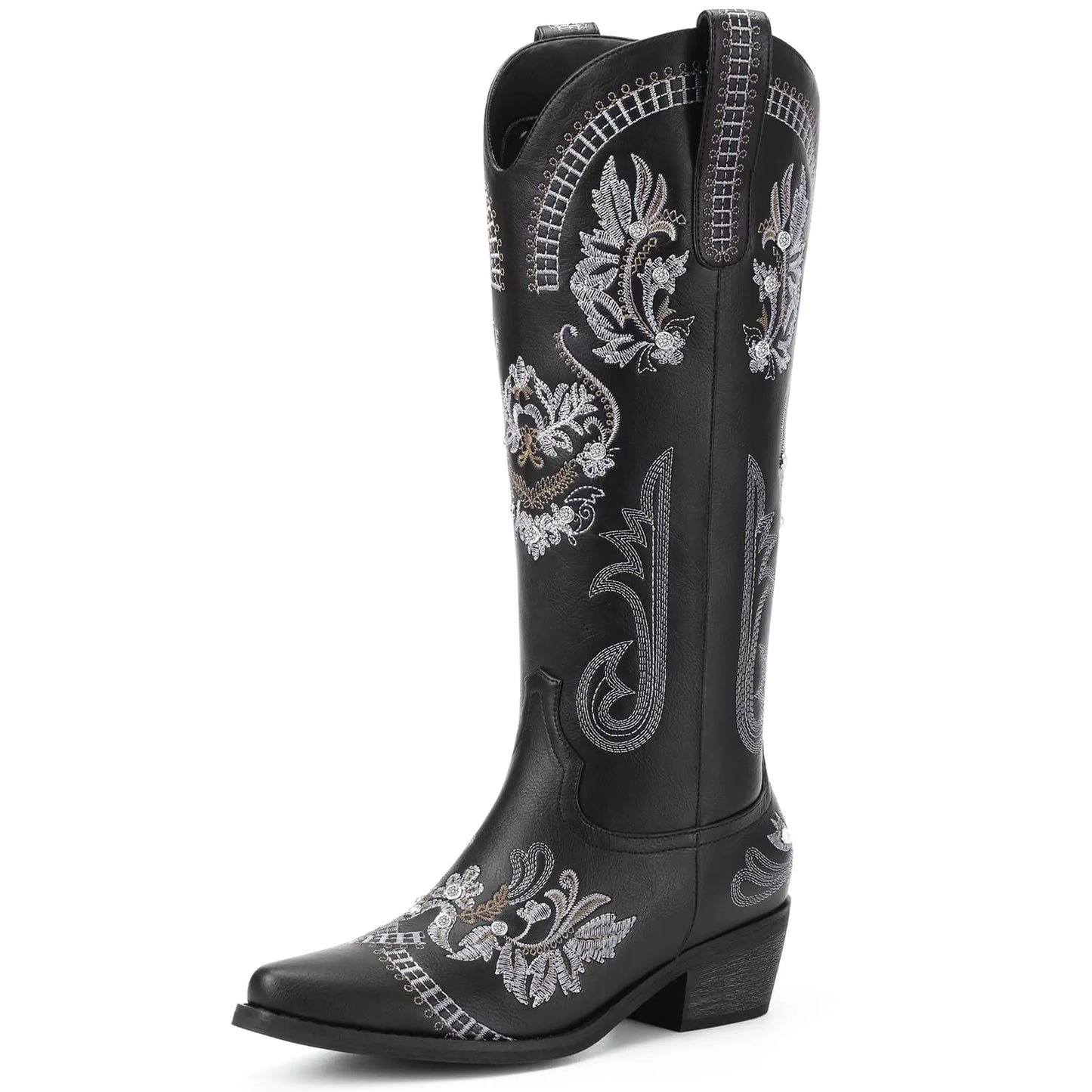 Dixhills Black Cowboy Boots for Women - Wide Calf Knee High Cowgirl Boots Glitter Sparkly Rhinestone Western Country Boots with Classic Embroidery Pointed Toe Pull On Zipper Retro Boots Size 8.5