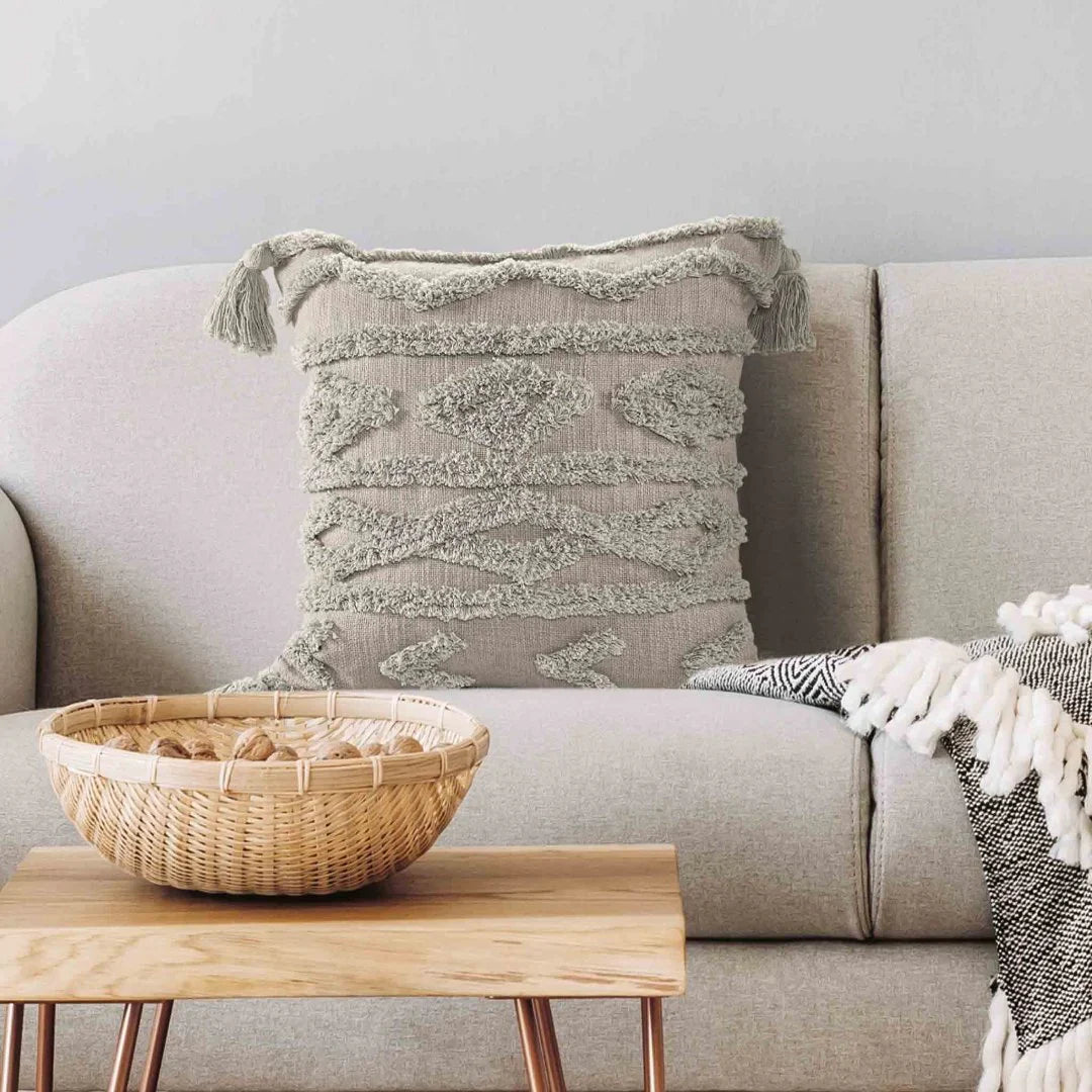 Grey Cushion Cover with Tassels | 40x40cm | Tufted Cotton | Boho Style-4
