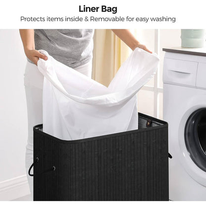 Black Bamboo Wood 26-Gal Laundry Hamper Basket w/ Removable Washable Cotton Bag-0