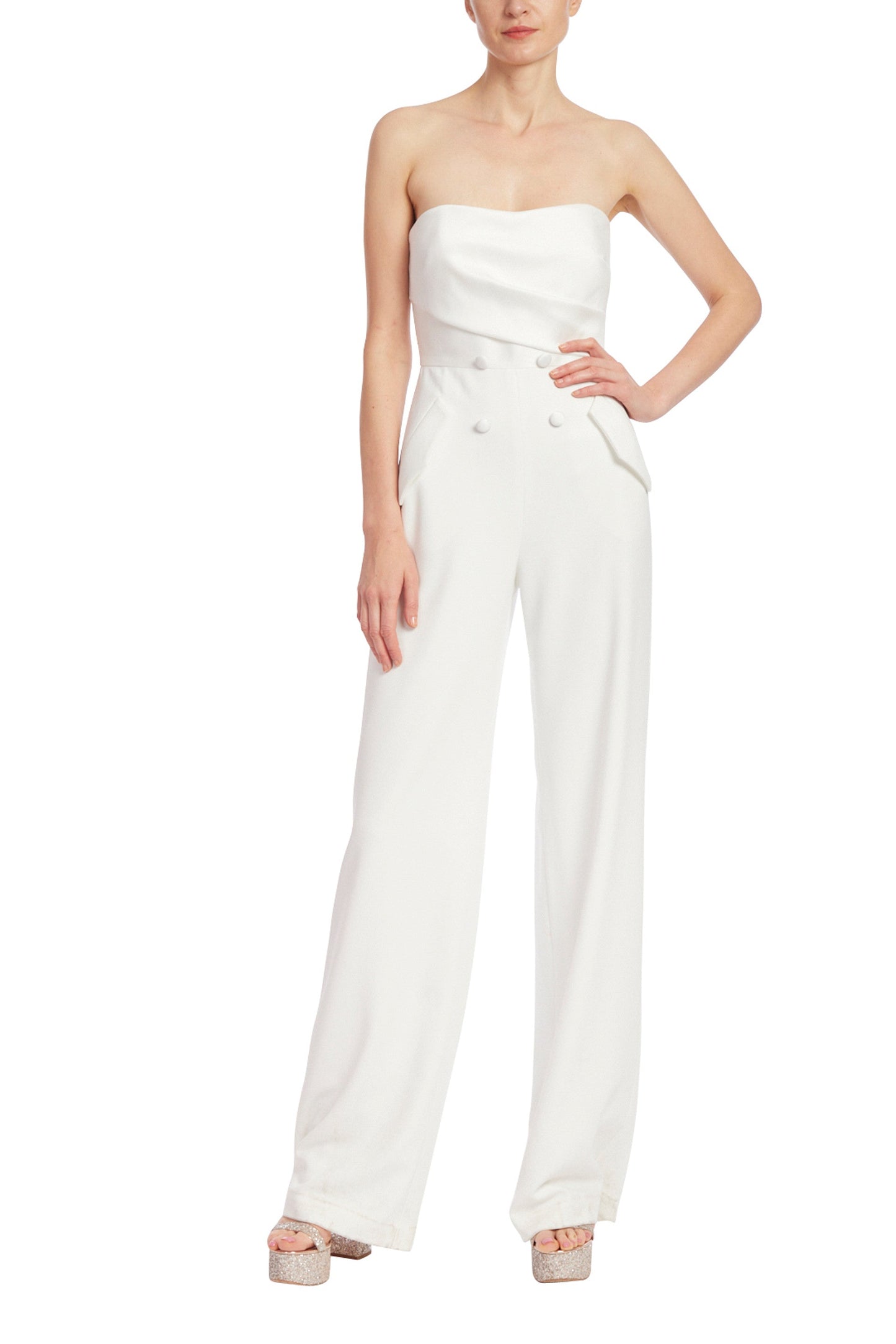 Badgley Mischka Strapless Tuxedo-Style Crepe Faux Pockets Jumpsuit-0