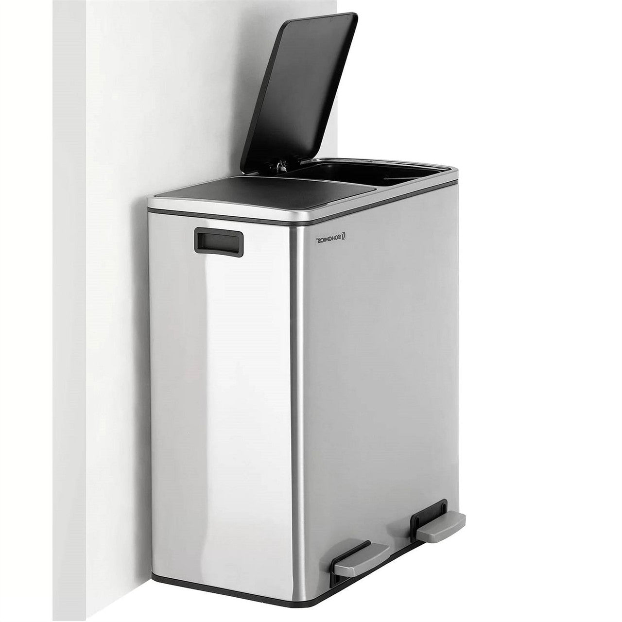 Dual Stainless Steel 16-Gallon Trash Can Recycle Bin with 2 Step on Pedal Lids-0