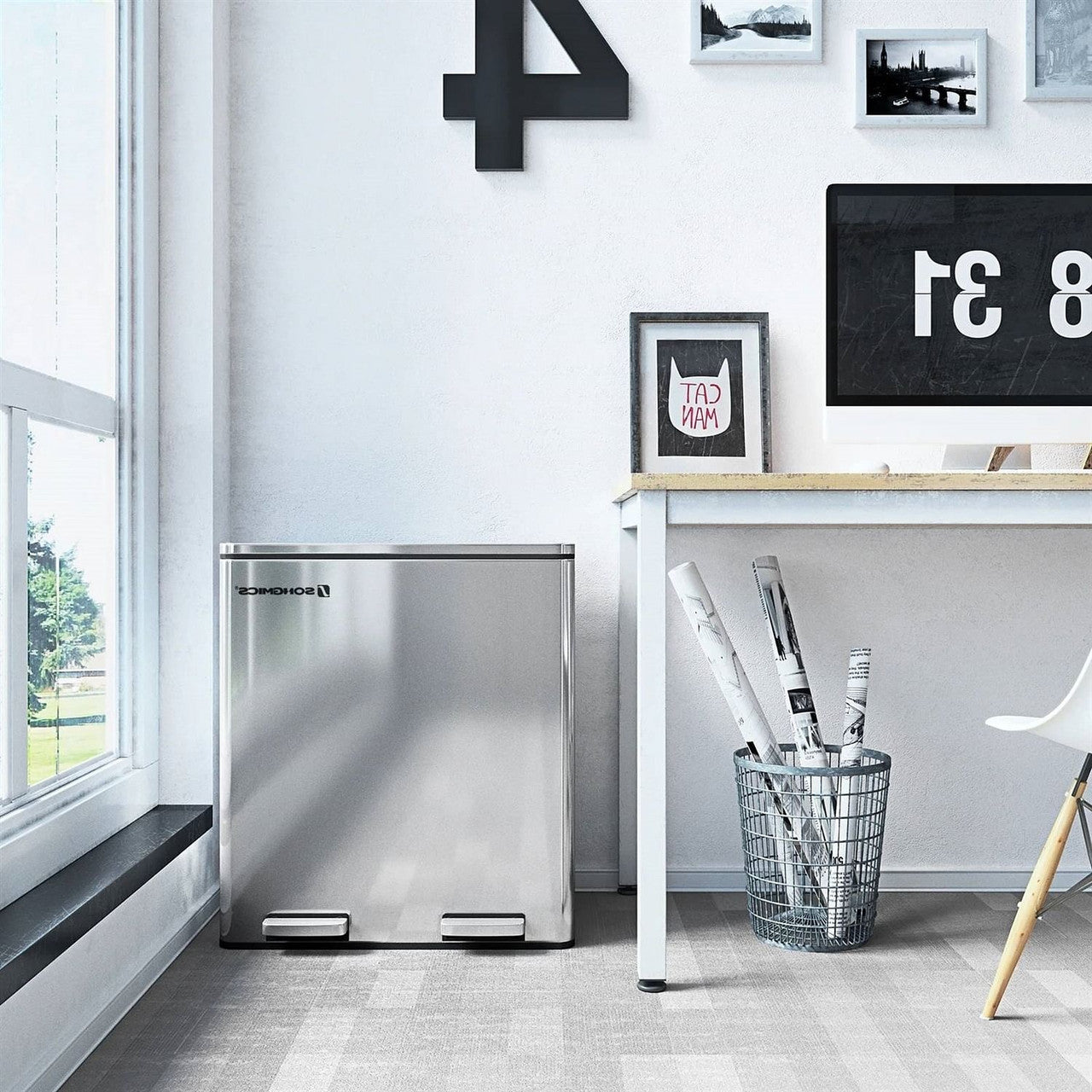 Dual Stainless Steel 16-Gallon Trash Can Recycle Bin with 2 Step on Pedal Lids-1