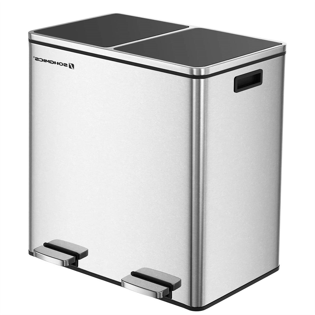 Dual Stainless Steel 16-Gallon Trash Can Recycle Bin with 2 Step on Pedal Lids-2