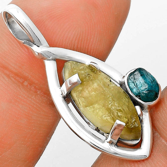 Green Kyanite Rough & Neon Blue Apatite Rough Pendant P-1640 SDP136268-0