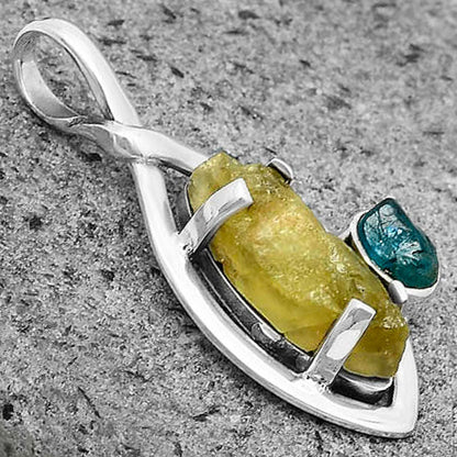 Green Kyanite Rough & Neon Blue Apatite Rough Pendant P-1640 SDP136268-2
