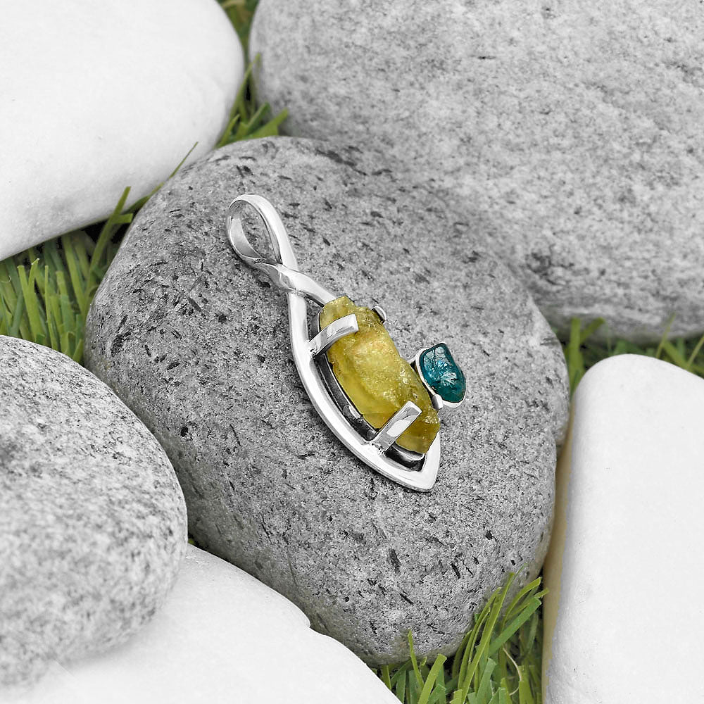 Green Kyanite Rough & Neon Blue Apatite Rough Pendant P-1640 SDP136268-1