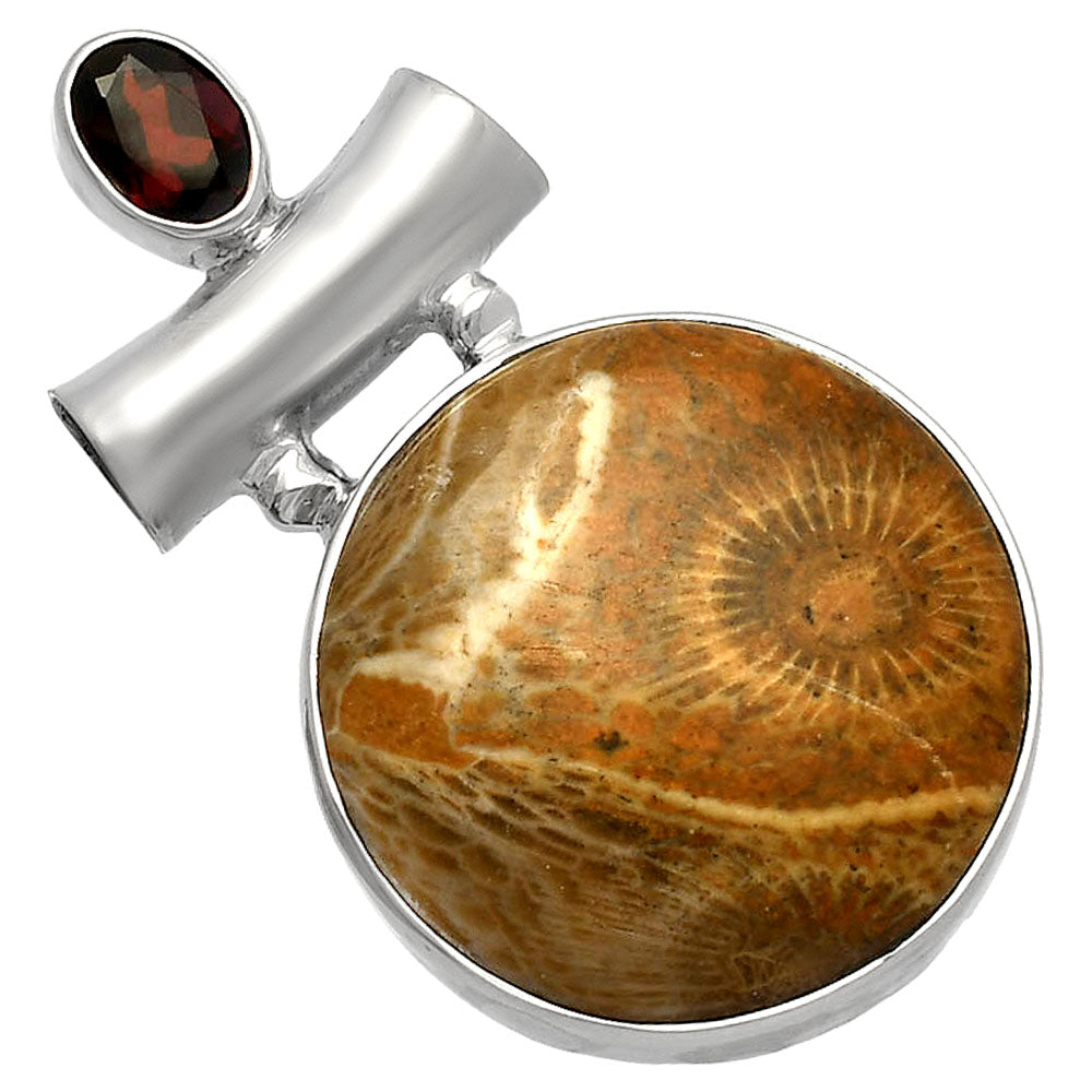 Flower Fossil Coral & Garnet Pendant P-1279 SDP147160-1