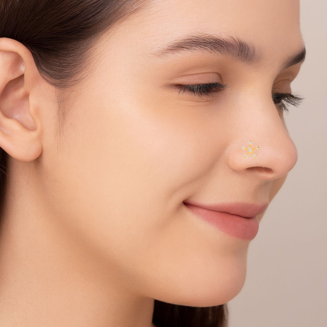 White CZ Six-Point Floral Nose Pin - Sterling Silver Gold Plated-0