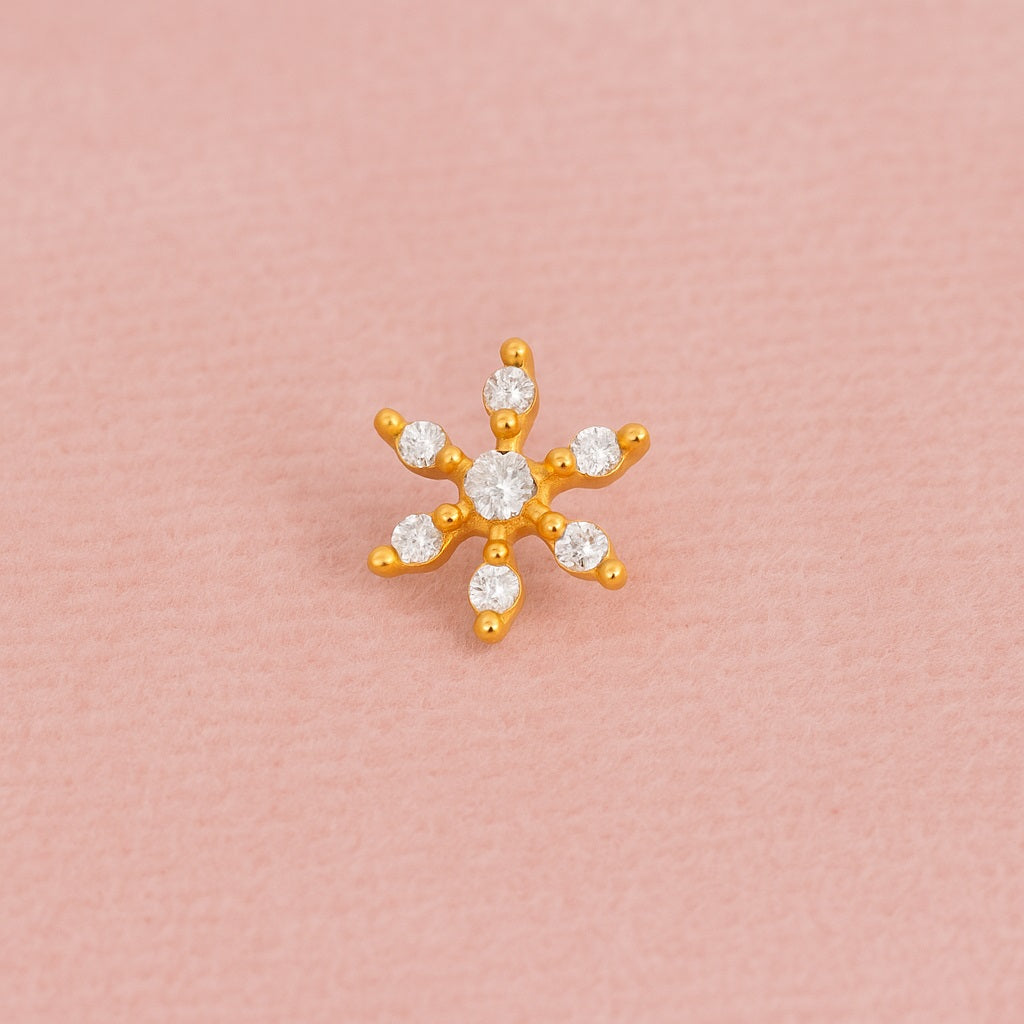 White CZ Six-Point Floral Nose Pin - Sterling Silver Gold Plated-2