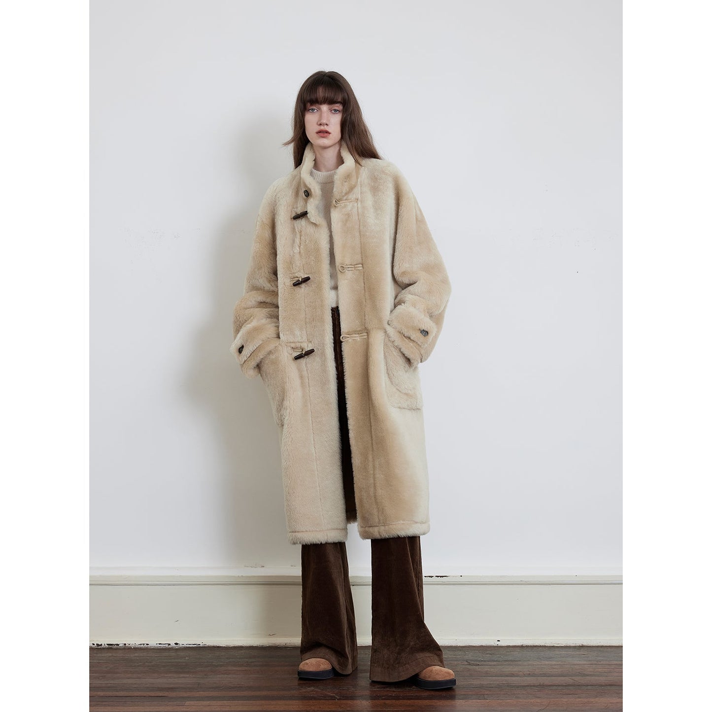 Fireladyfur Women's Long Sheepskin Jacket with Stand Collar“Dreamer”-6