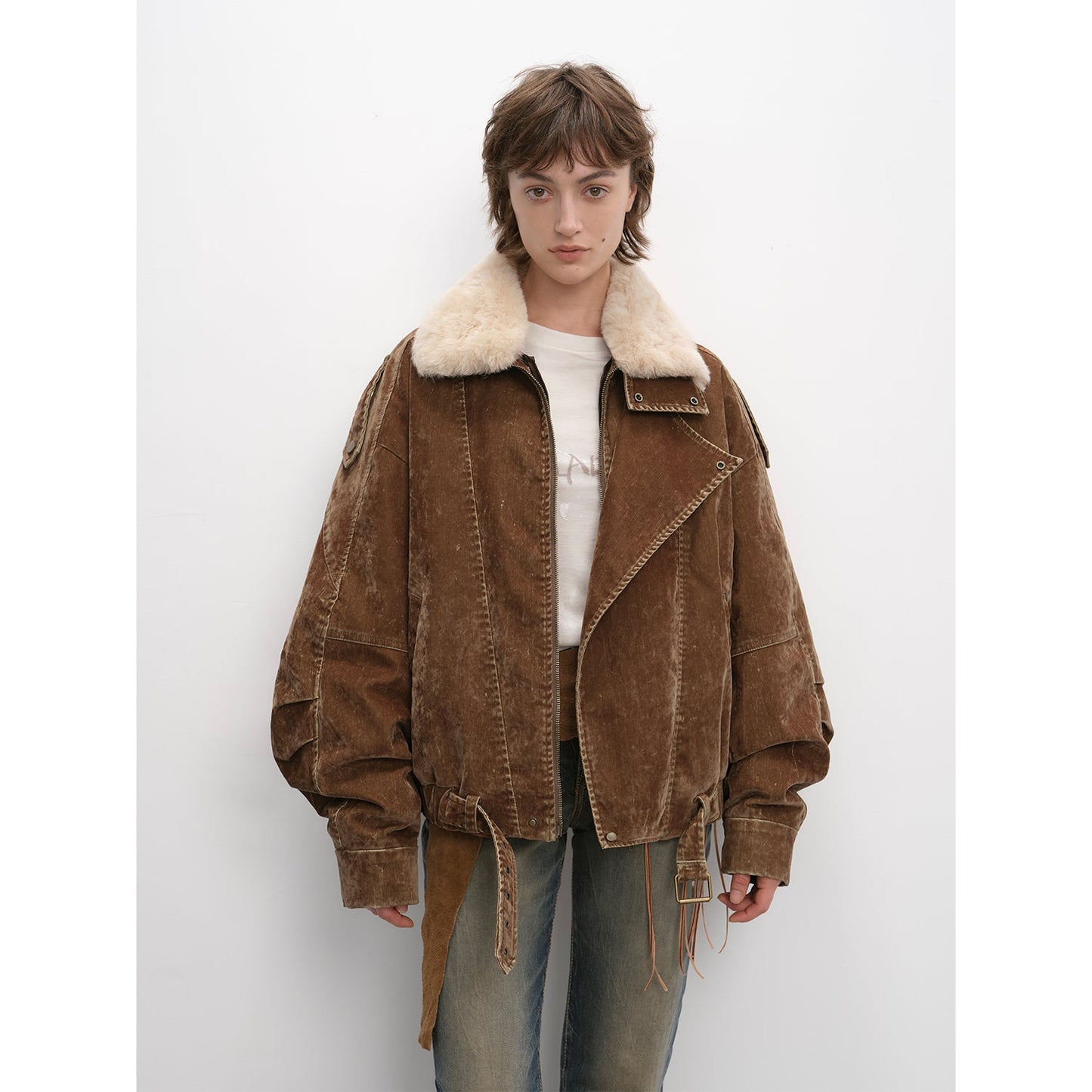 Fireladyfur Women's Distressed Denim Down Jacket | Wool Collar“City Travel”-1