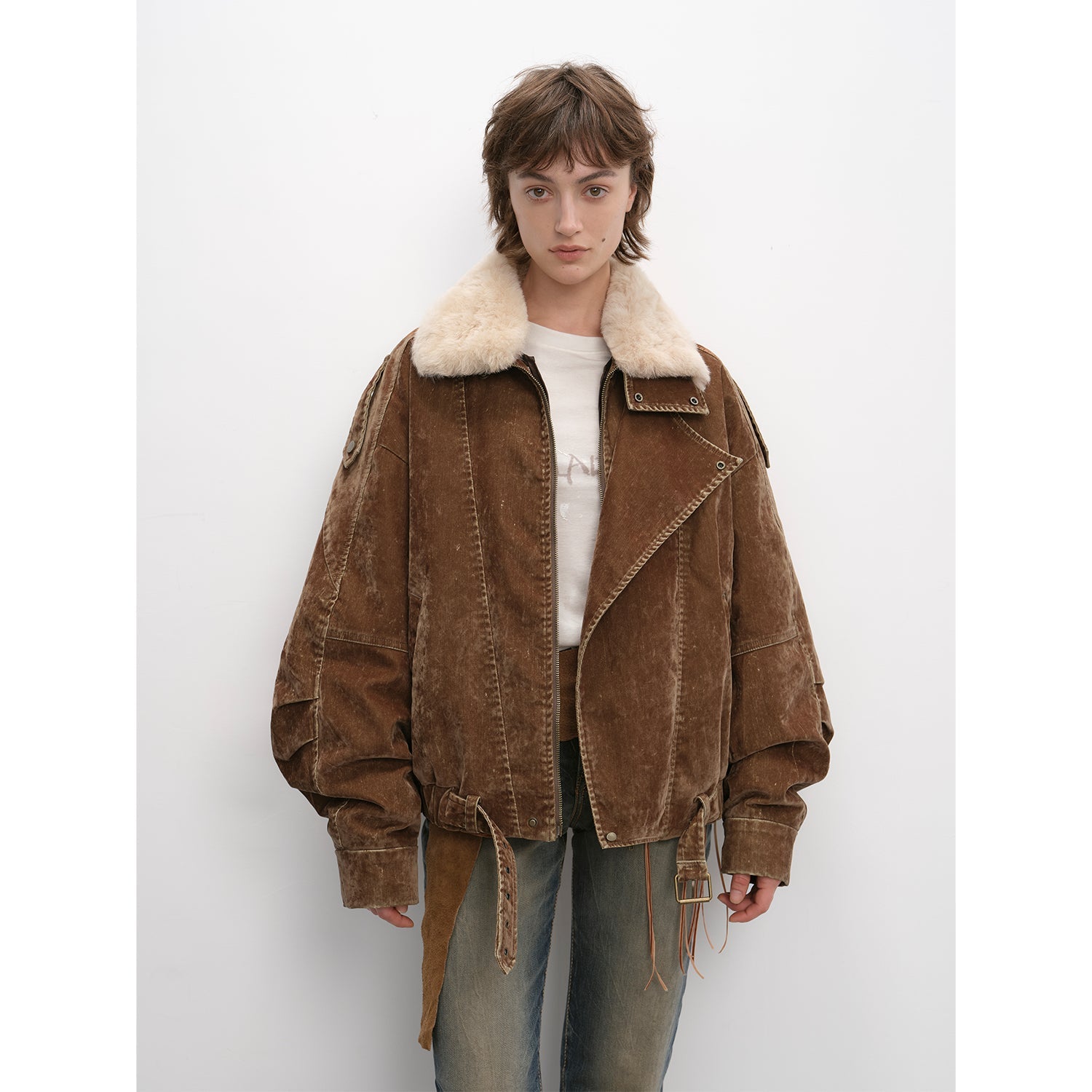 Fireladyfur Women's Distressed Denim Down Jacket | Wool Collar“City Travel”-1