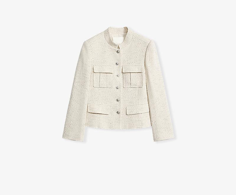 Heavy wool blend tweed stand collar waist cropped coat-4