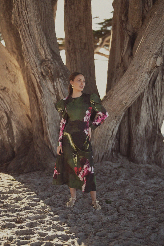 Empire Waist Puff Sleeve Dress-Green Forest-0