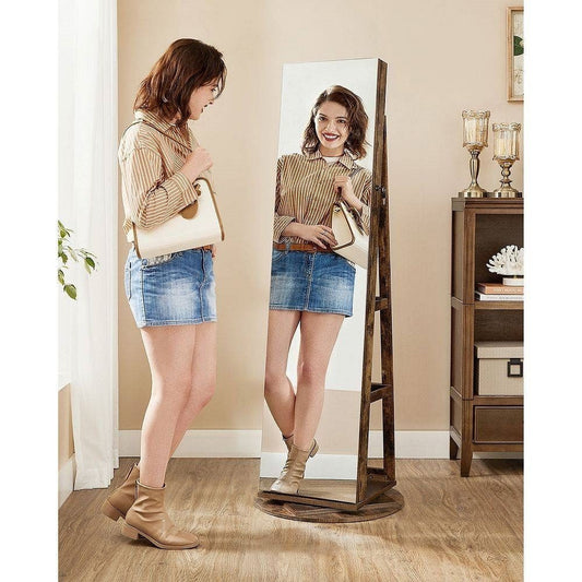 Rustic Brown Wood Jewelry Cabinet Armoire Organizer Freestanding Rotating Mirror-0