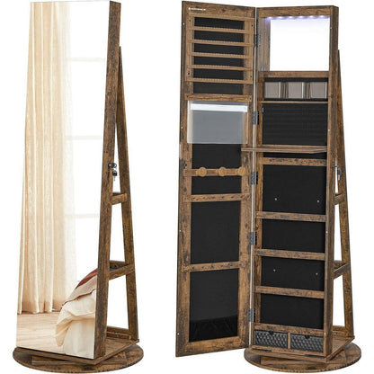 Rustic Brown Wood Jewelry Cabinet Armoire Organizer Freestanding Rotating Mirror-2