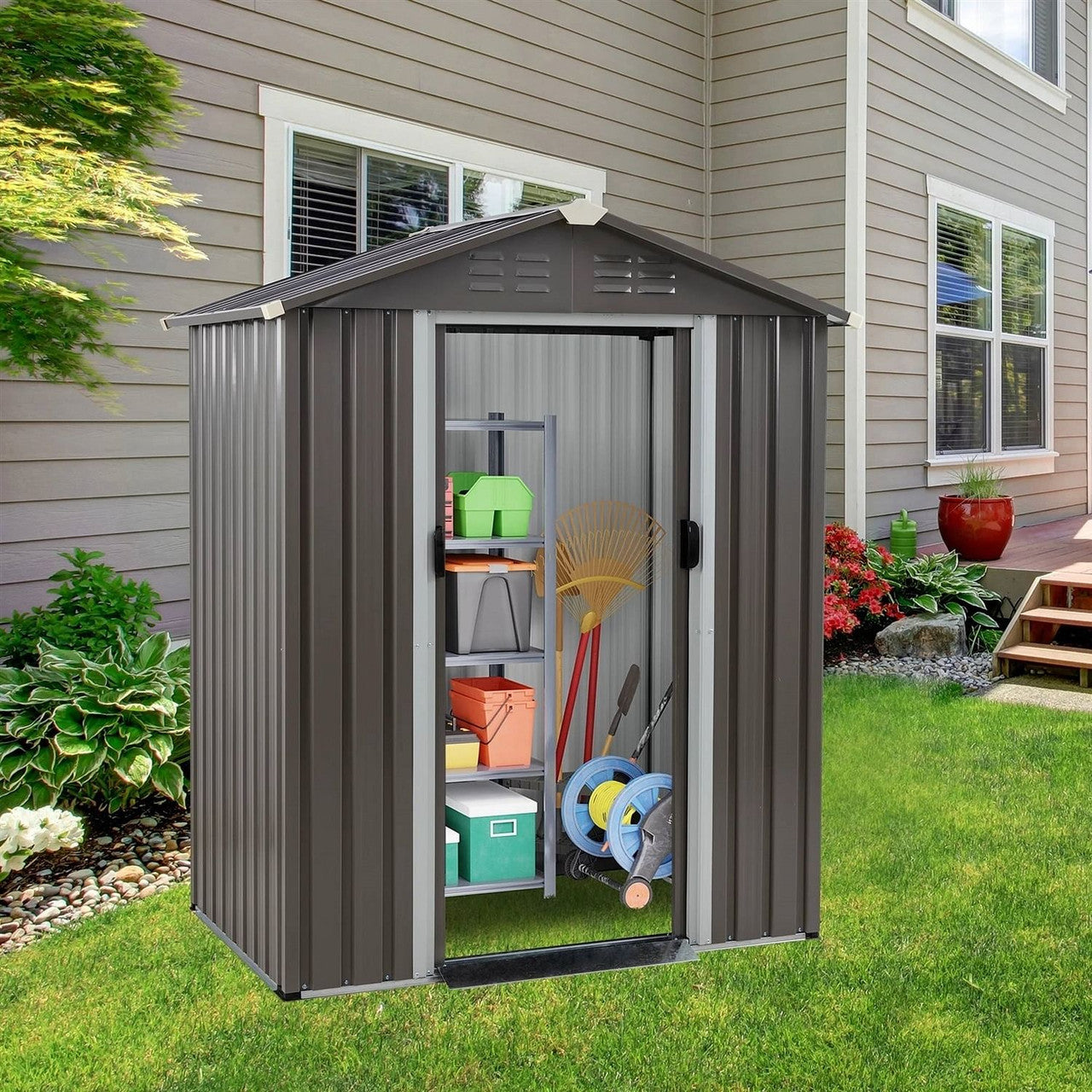 5 x 3 ft. Outdoor Grey Metal Garden Storage Shed-2