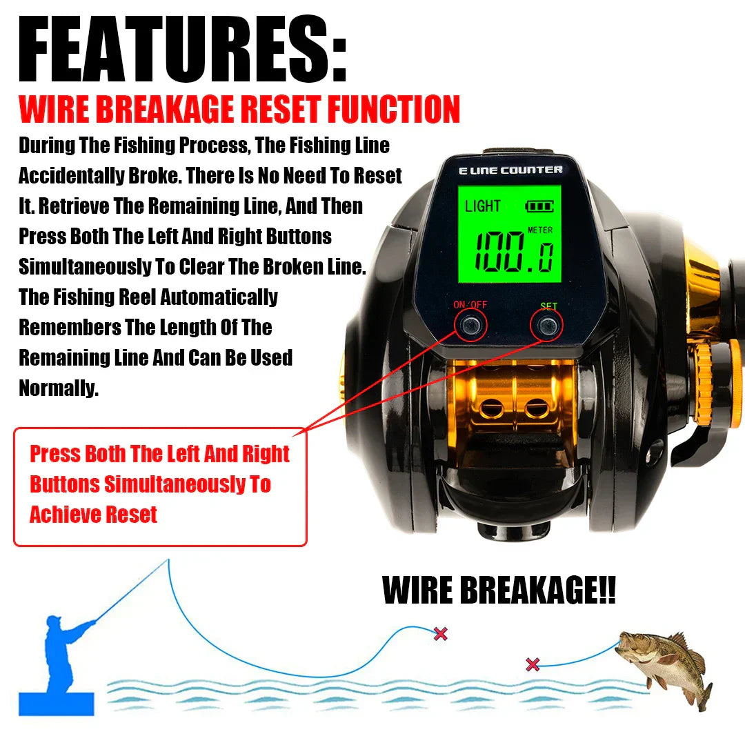 Electronic Baitcasting Reel 10kg Max Drag Alarm Counter Gold-3