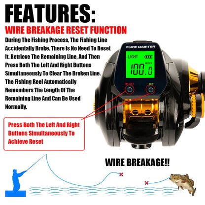 Electronic Baitcasting Reel 10kg Max Drag Alarm Counter Gold-3
