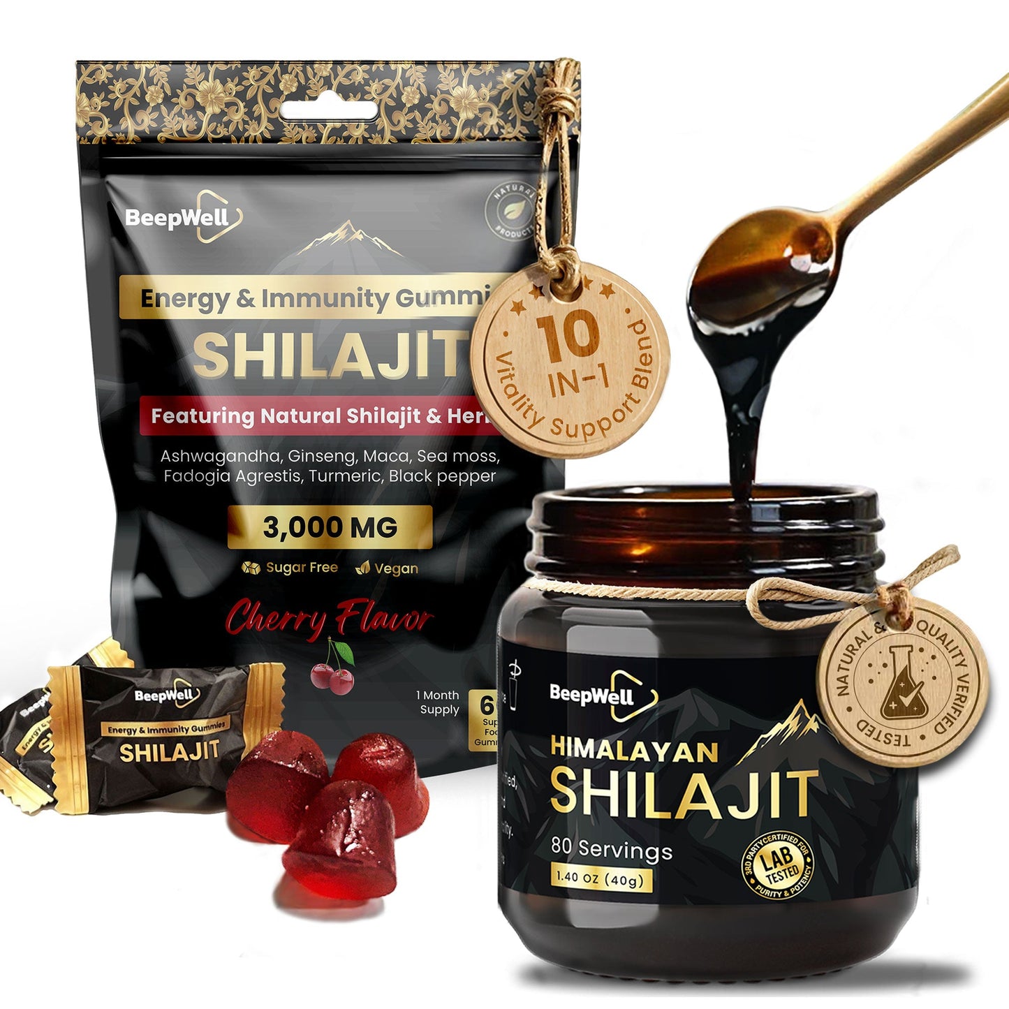 BeepWell Shilajit Combo – Resin (80 Servings) + Gummies with Ashwagandha (60 Ct) – Vegan, No Added Sugar-0