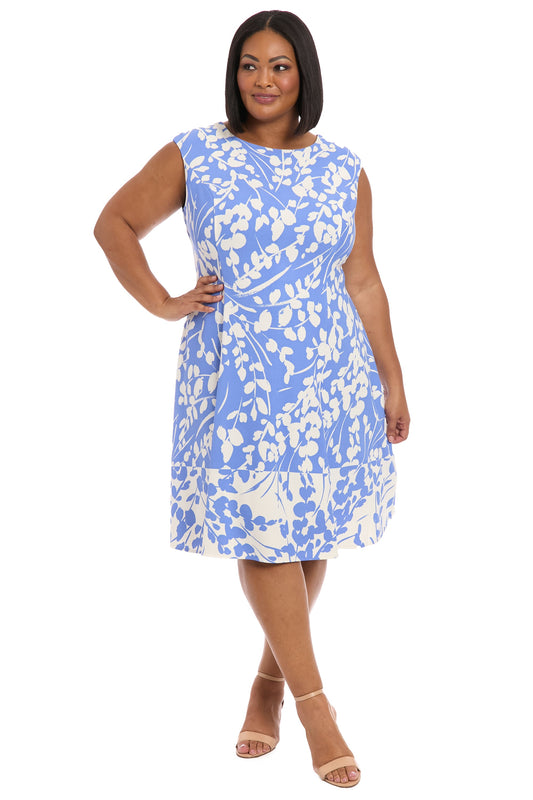 London Times Crew Neck Zipper Back Floral Print Fit & Flare Scuba Dress (Plus Size)-0