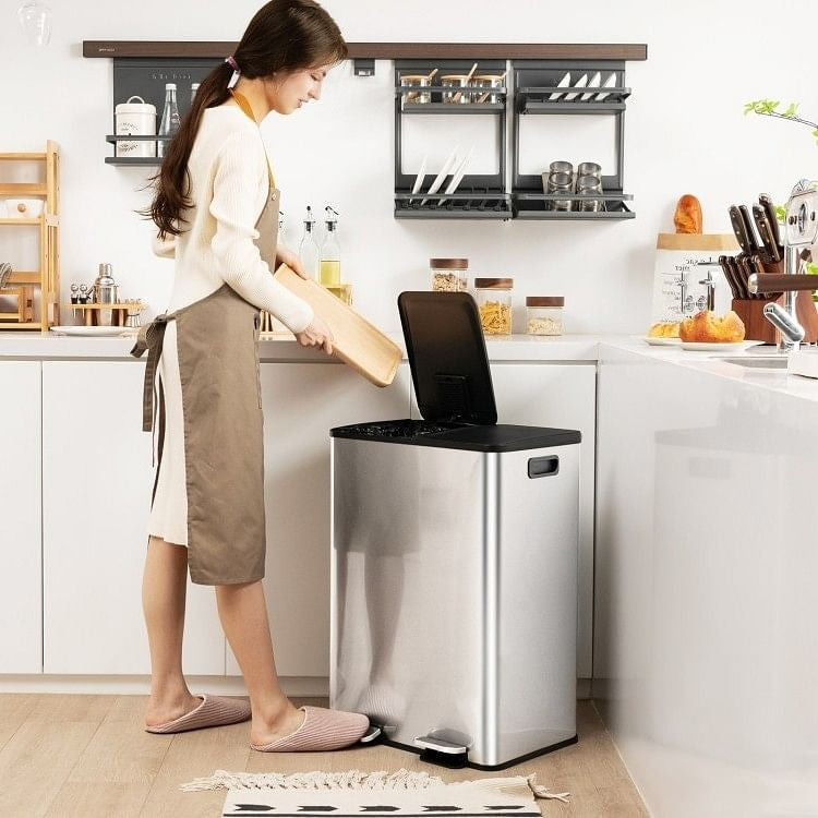 Dual 8-Gallon Step Trash Can Recycle Bin Food Waste Kitchen Compost Container-0