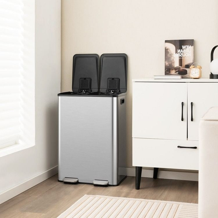 Dual 8-Gallon Step Trash Can Recycle Bin Food Waste Kitchen Compost Container-1