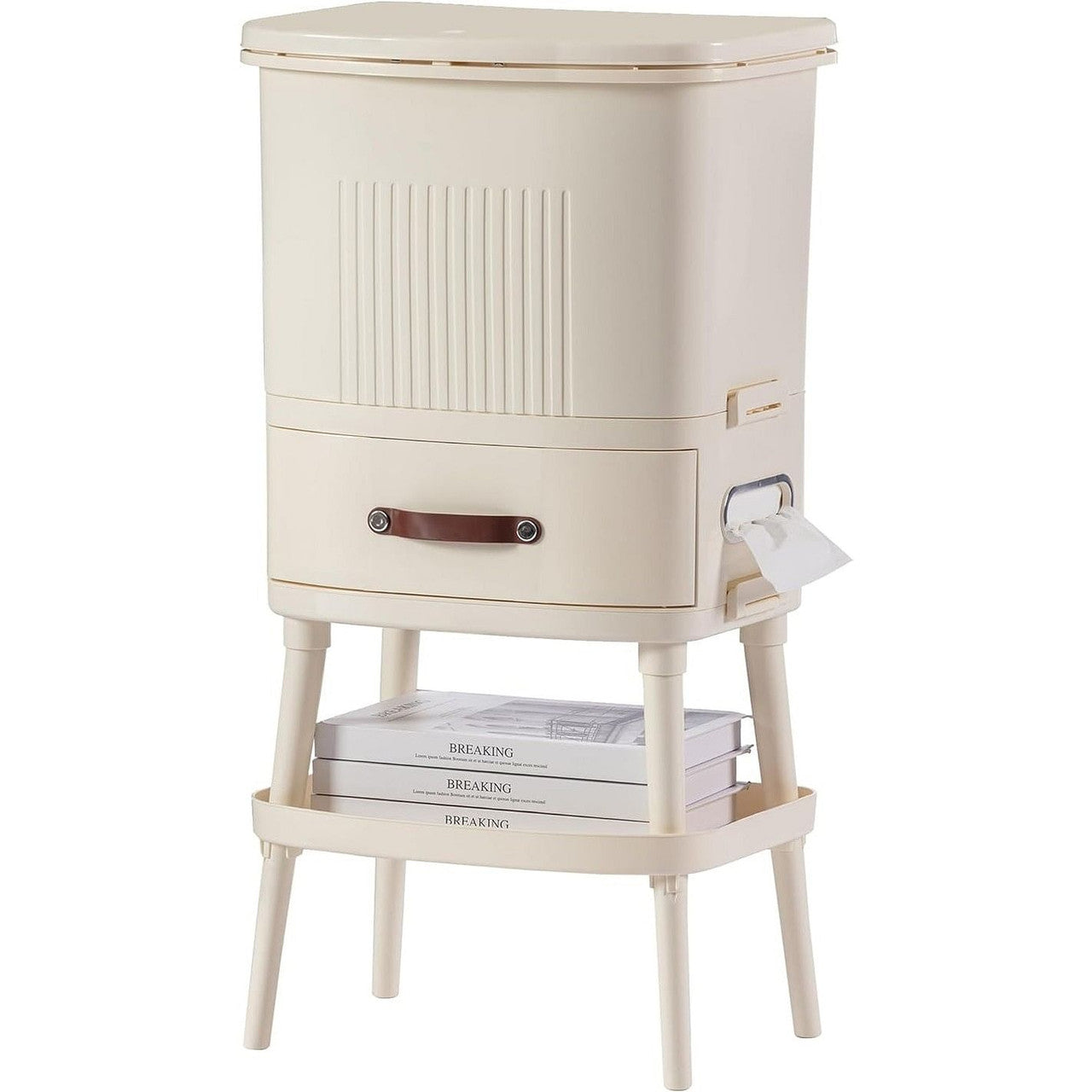 8 Gallon Elevated Trash Kitchen Can with Lid and Storage Shelf in Cream-0