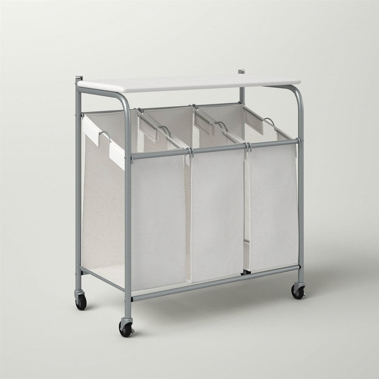 3 Section Wheeled Laundry Sorter Cart with Lift Top Folding Ironing Board-1