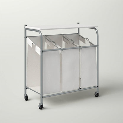 3 Section Wheeled Laundry Sorter Cart with Lift Top Folding Ironing Board-1