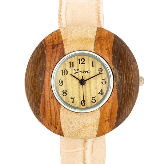 Brenna Beige Wood Inspired Leather Cuff Watch-0