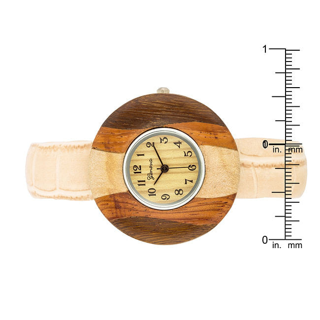 Brenna Beige Wood Inspired Leather Cuff Watch-1