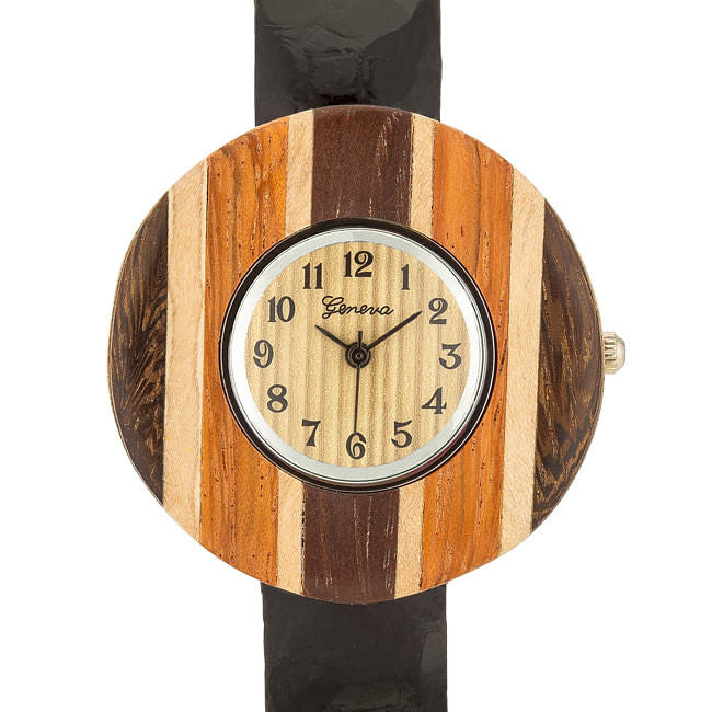 Brenna Black Wood Inspired Leather Cuff Watch-0