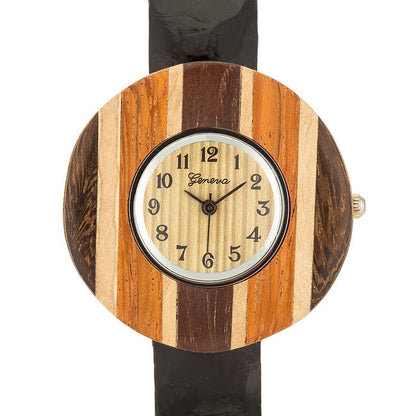 Brenna Black Wood Inspired Leather Cuff Watch-0