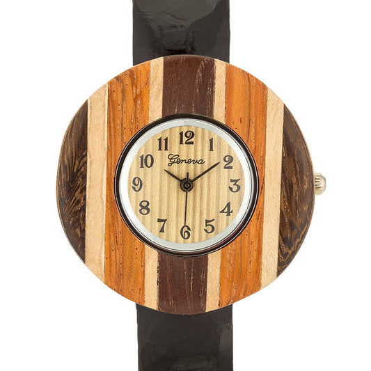 Brenna Black Wood Inspired Leather Cuff Watch-0