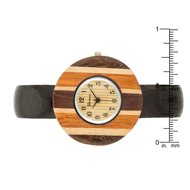 Brenna Black Wood Inspired Leather Cuff Watch-1