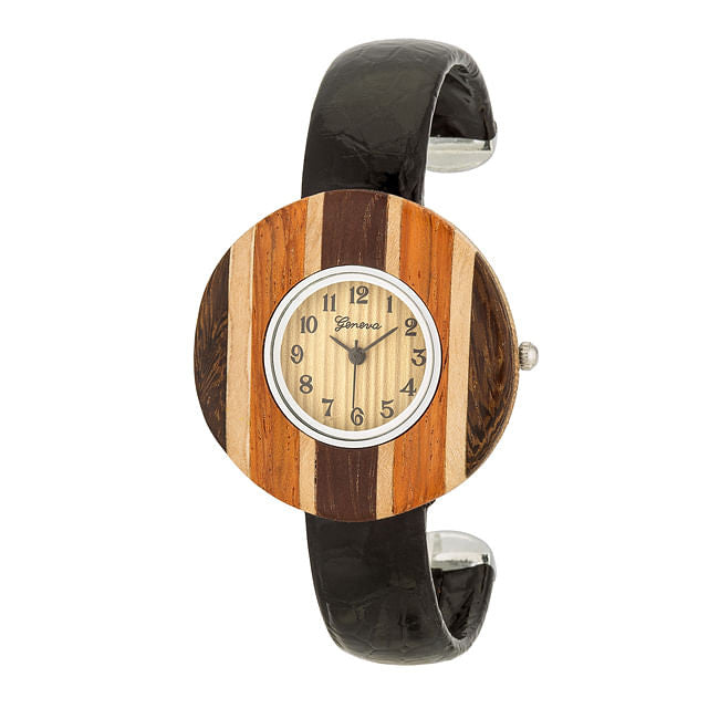 Brenna Black Wood Inspired Leather Cuff Watch-2
