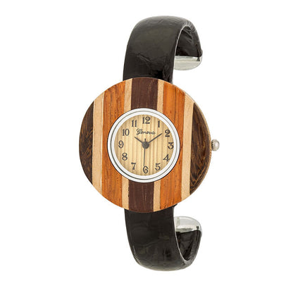 Brenna Black Wood Inspired Leather Cuff Watch-2