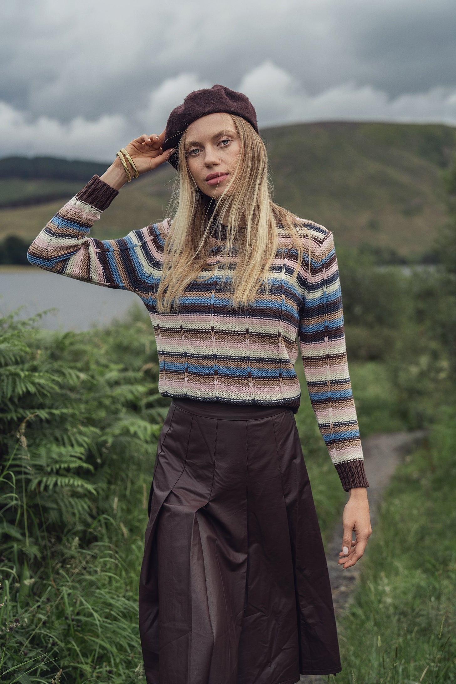 Faux Leather Stitch Down Pleated Skirt-Brown-0