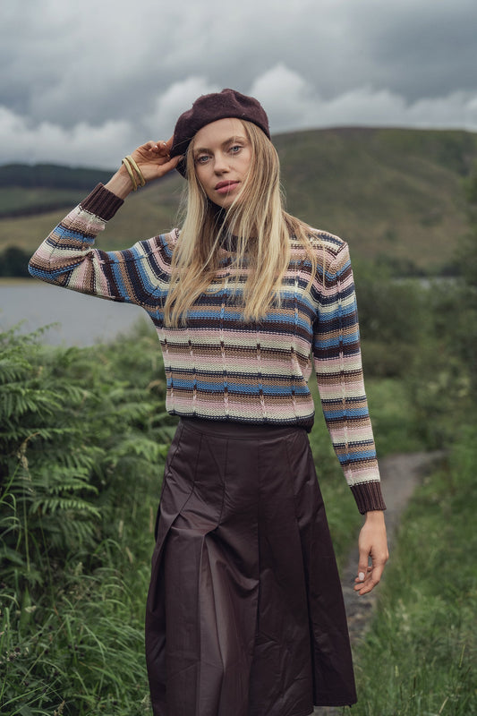 Faux Leather Stitch Down Pleated Skirt-Brown-0