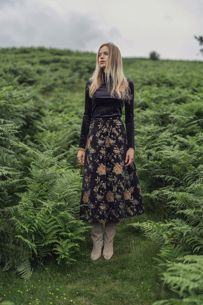 Brocade Midi Skirt-Black Floral-0