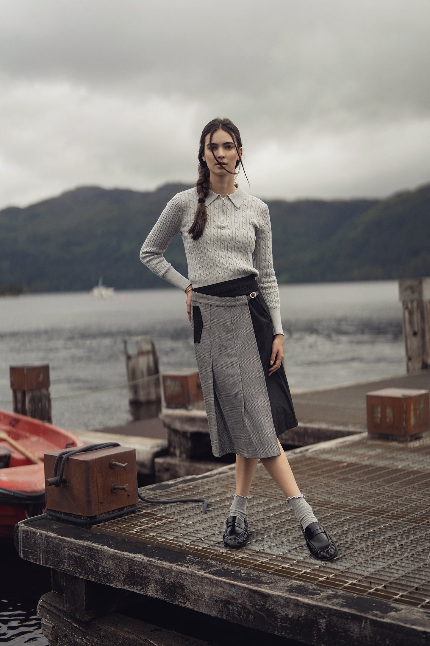 Faux Wrap Pleated Front Buckle Skirt-Pinstripe/Plaid-0