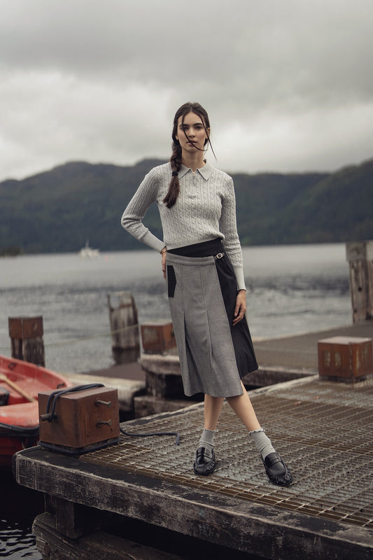 Faux Wrap Pleated Front Buckle Skirt-Pinstripe/Plaid-0