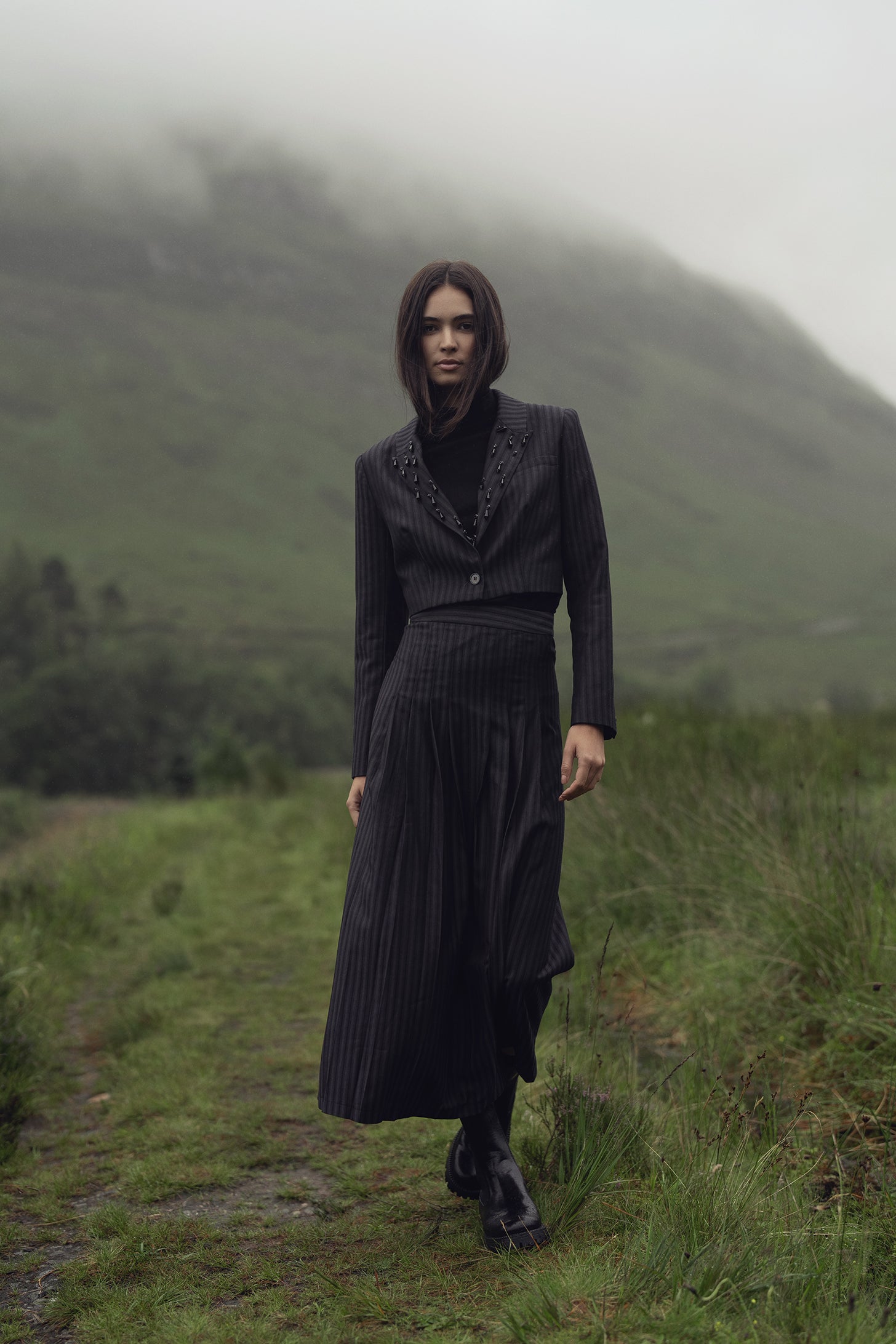 Herringbone Front Pleat Skirt-Grey/Black-0