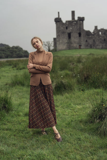 Covered Band Pleated Skirt-Brown/Orange Plaid-0
