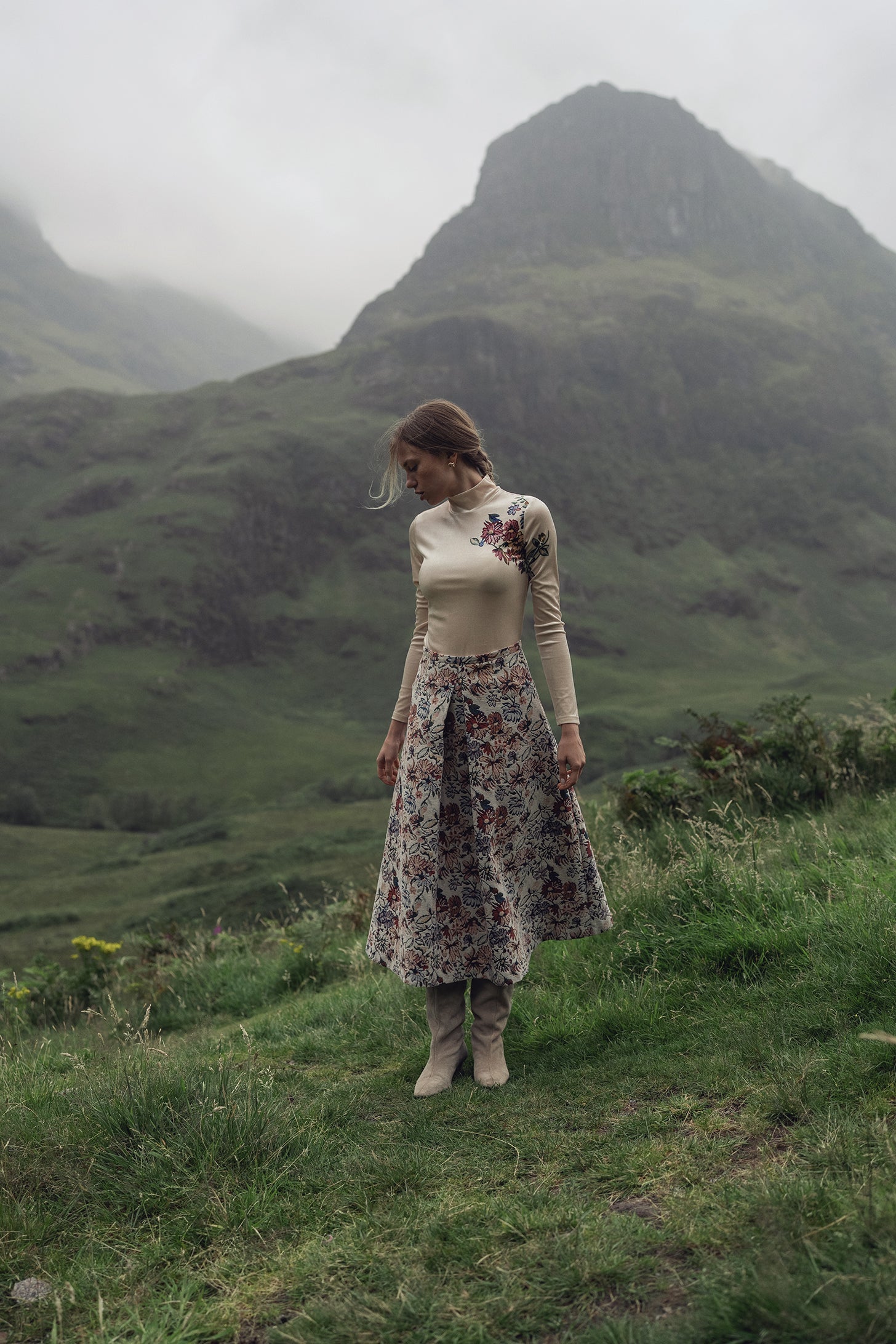 Flower Printed Velour Turtleneck-Cream-0