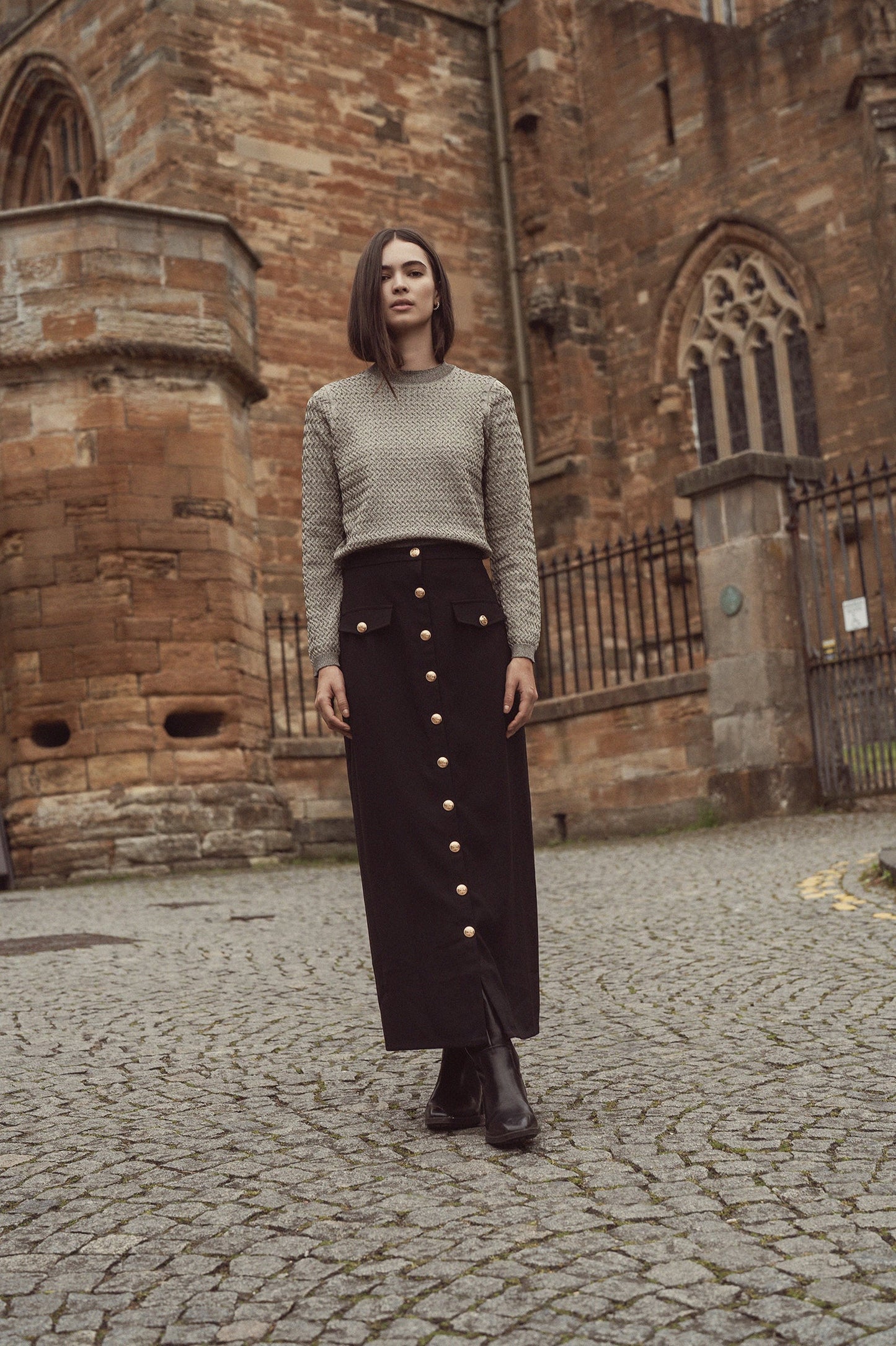 Gold Button Straight Pocket Skirt-Black-0