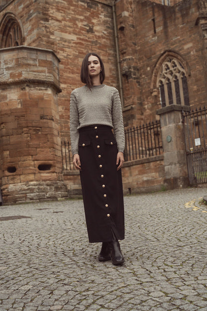 Gold Button Straight Pocket Skirt-Black-0