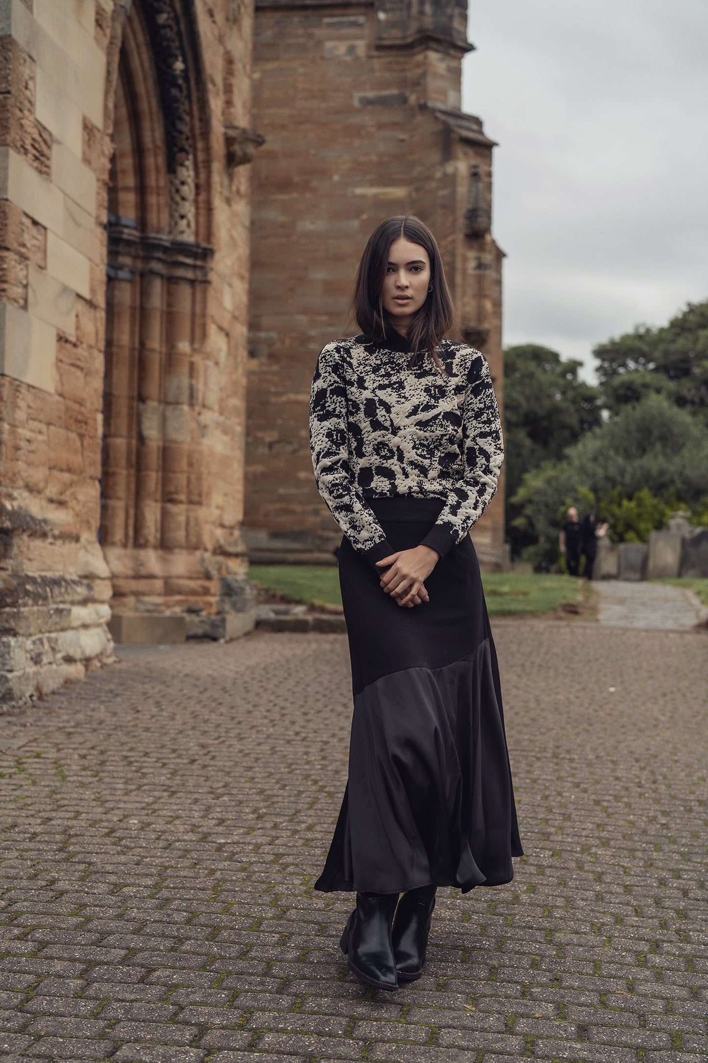 Faux Satin Bottom Flare Skirt-Black-0